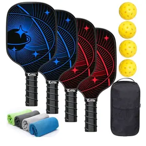 Pickleball Paddles, Pickleball Set with 4 Fiberglass Surface Pickleball Paddle, 4 Pickleball Balls, 4 Cooling Towels & Carry Bag, Pickleball Rackets with Ergonomic Cushion Grip & Edge Guard