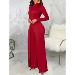 Stylish Solid Wide Leg Jumpsuit for Women - Elegant Long Sleeve Crew Neck Loose Fit Jumpsuit in Comfortable Fabric for Spring & Fall Red Womenswear Overalls Collar Chic Polyester Knit 【Red】
