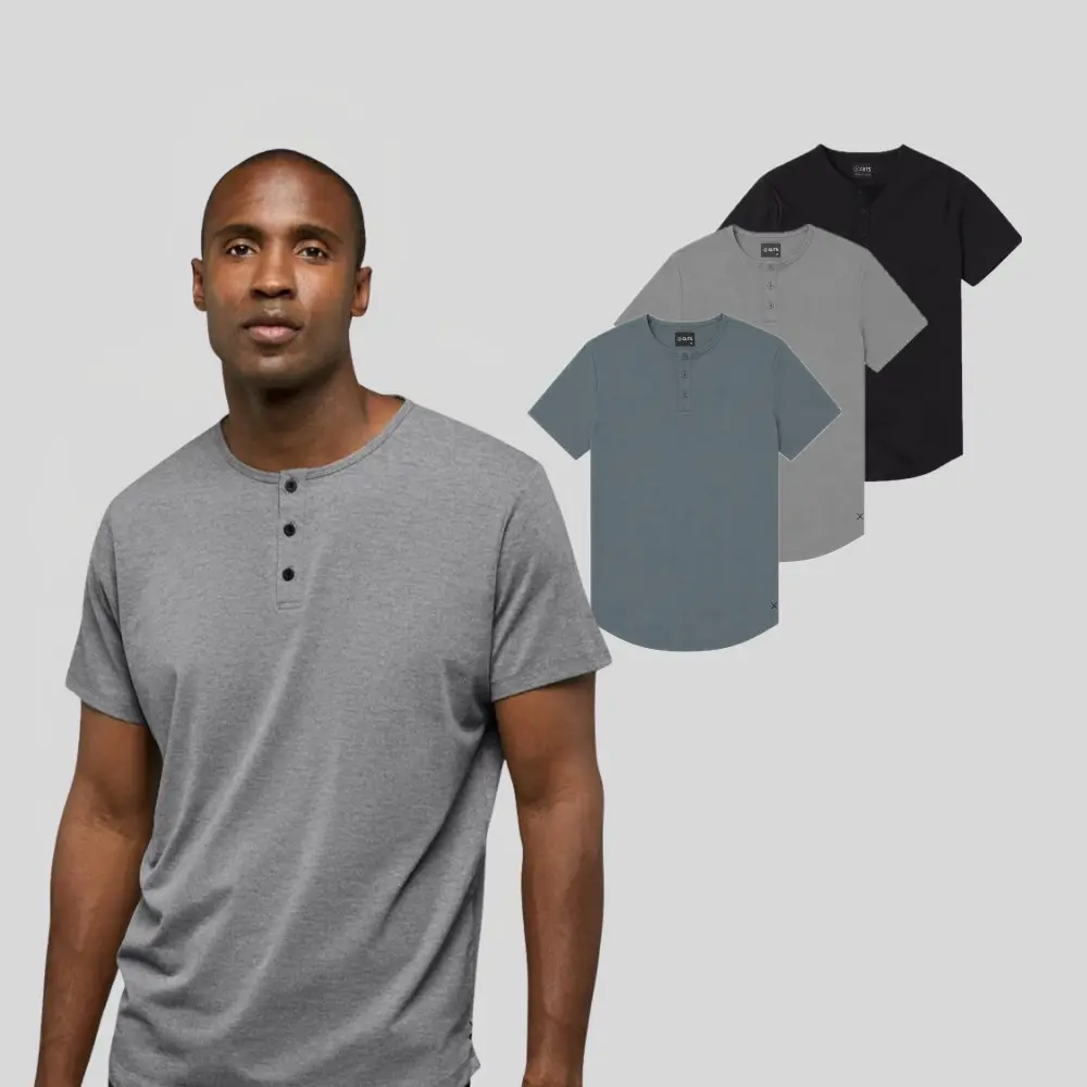 Cuts | Men's  AO Fitted Henley Shirt with Curve Hem | Anti-Odor Polyester Cotton Blend | Wrinkle Resistant Stretch