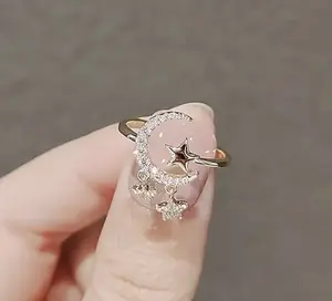 Zirconia Open Crescent Moon Ring, Adjustable Artificial Pearl Ring, Zirconia Open Ring, Trendy Party Jewelry