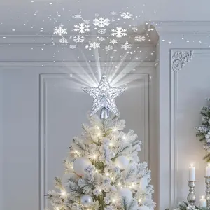 Brightown Christmas Star Tree Topper with Built-in 3D Glitter Led Snowflake Projector Lights, Silver Hollowed Pentagram Tree Toppers Christmas Decorations Indoor for Xmas New Year Party Holiday