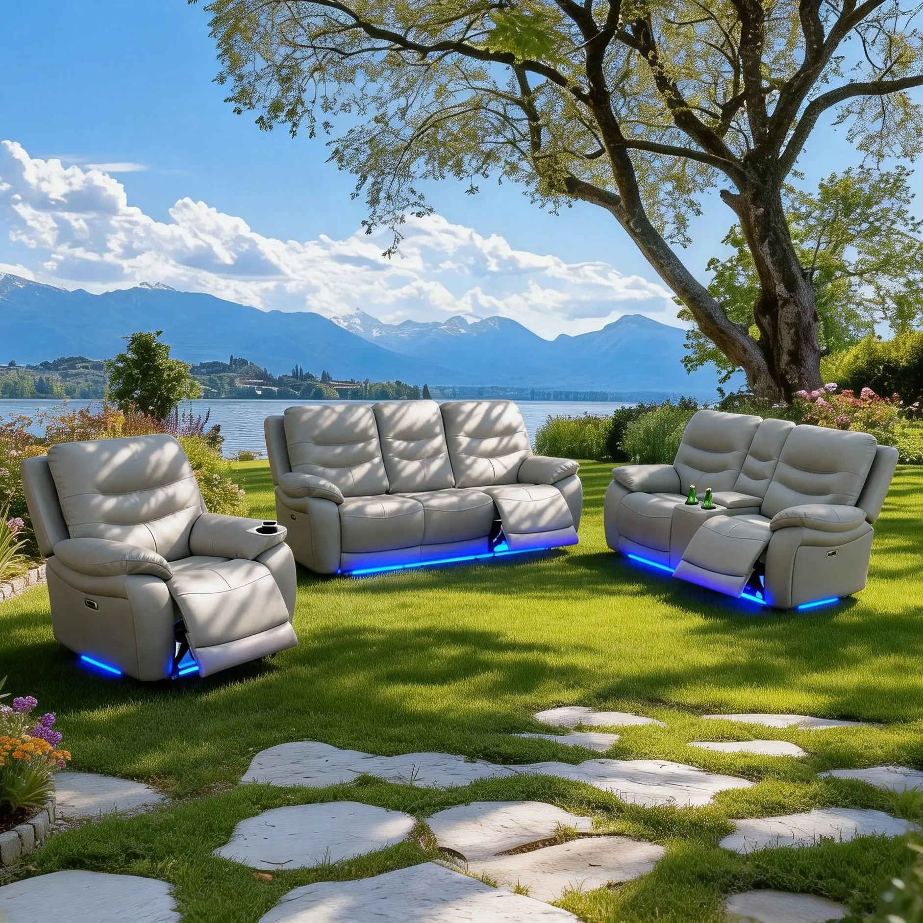 Light Grey Breathing Leather and PVC 3-Piece Living Room Recliner Sofa Set with LED Lights and Modern Design