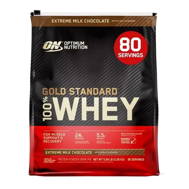 OPTIMUM NUTRITION Gold Standard 100% Whey Protein Powder - Extreme Milk Chocolate (Cocoa Powder Processed with Alkali), 5.64 lbs, 80 Servings, 24g Protein, 5.5g BCAA Boost, Athletic Fitness Supplement, Fast-Mix, Smooth Shake