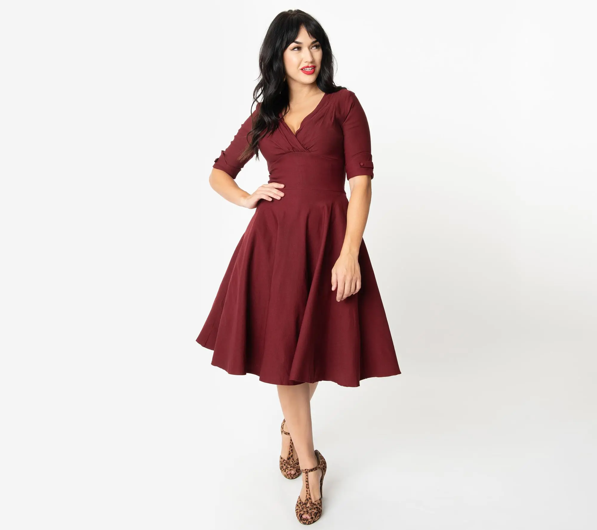 Unique Vintage 1950s Burgundy Delores Swing Dress w/ Sleeves
