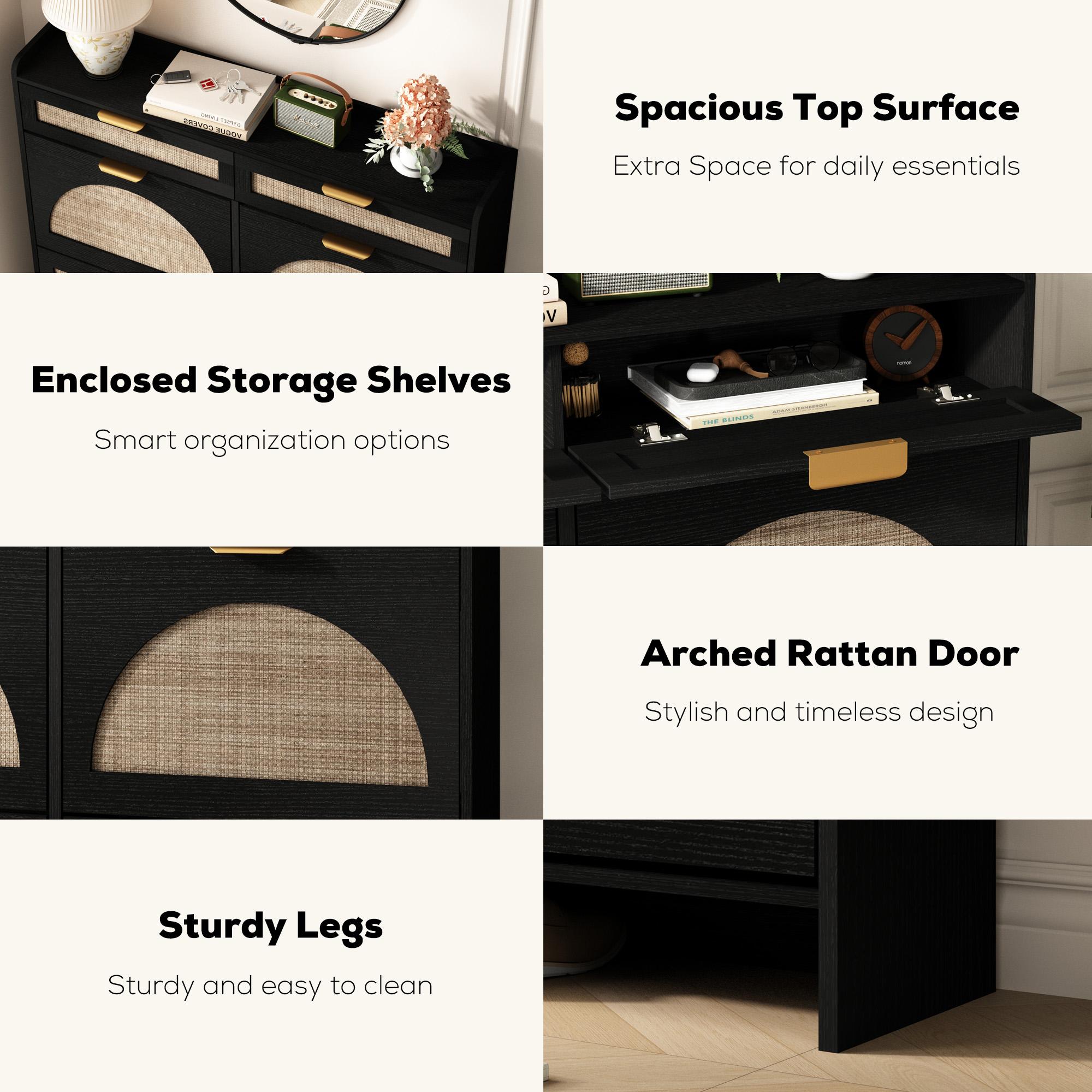 PieDle Furniture Oversized Rattan Shoe Storage Cabinet with 4 Flip Drawers & 2 Drawers – Hidden Slim Shoe Organizer for Entryway, Large Tabletop Space, Farmhouse Boho Narrow Shoe Rack