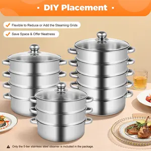 9.44in Inner Diameter 5-Layer Steamer - Multi-level storage - Upper Steam Lower Cook 3-Ply Composite Bottom Tier DIY Stackable for All Stoves