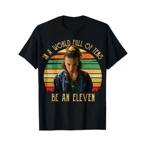 T-Shirt Black Eleven Stranger Things Character With Rainbow Background And Text In A World Full Of Tens Be An Eleven Casual Wear For Fans