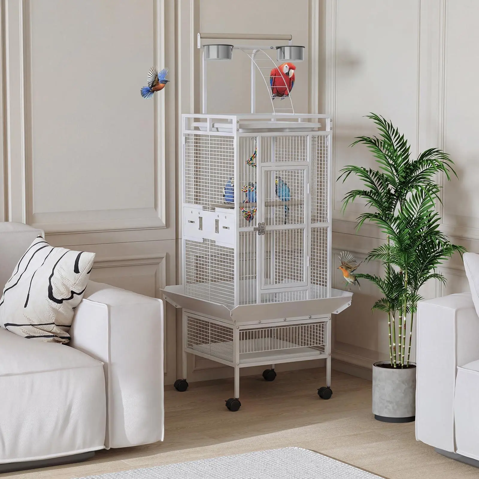 Garvee 60 Inch Wrought Iron Bird Cage with Play Top & Rolling Stand - 4 Stainless Steel Bowls, Secure Lock, Easy-Clean Tray - Spacious Metal Parrot Cage for African Grey, Cockatiel, Conure, Budgie