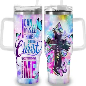 1pc 40oz Butterfly Christian Scripture Tumbler with Lid, Insulated Travel Mug, Gift for Women Men, Ideal for Halloween, Independence Day, Memorial Birthday Gift, Coffee Cup, weird stuff