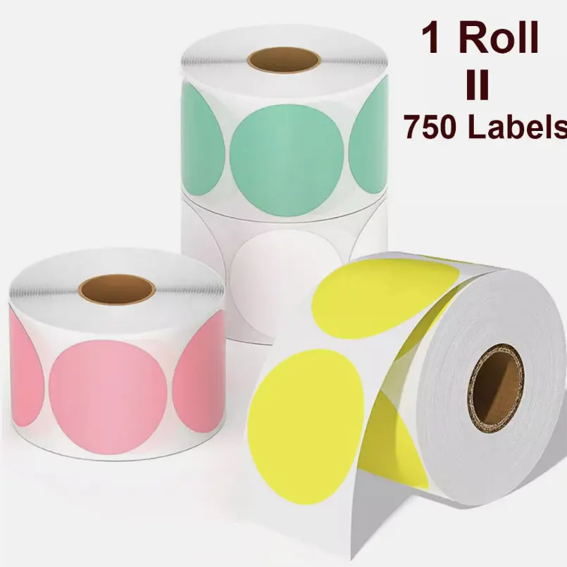 2-Inch Round Direct Thermal Printer Labels, 50x50mm Self-Adhesive Circle Shapes Labeling Tags, 750 per Roll Assorted Colors, Round Stickers
