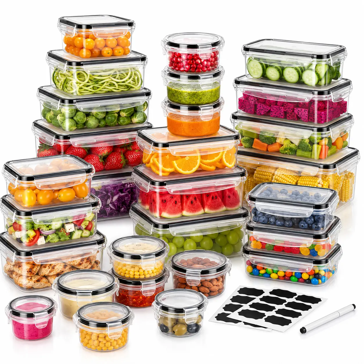 AISOON 40 PCS Extra Large 85oz Plastic Airtight Food Storage Containers Set (20 Containers + 20 Lids) - Square, Round, Rectangular, Leakproof, Reusable, Microwave & Dishwasher Safe, with Labels & Pen for Storage Organization, Kitchen, Utensils, Washable,,