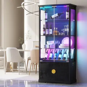 FREDEES RGB Glass Display Cabinet with Door, 4-Tier Curio Cabinet with 2 Drawers and Adjustable Glass Height Showcase, Display Case with 3 LED Light and Human Body Sensor, Black