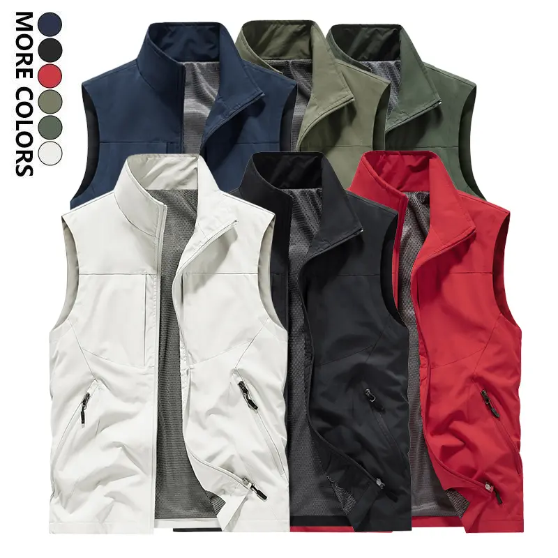 Outdoor Essential Solid Color Stand Collar Zip-Up Vest, Lightweight Windproof Design with Two Zippered Side Pockets and Breathable Lining, Foldable for Storage, Suitable for Hiking and Camping, Tops, Activewear