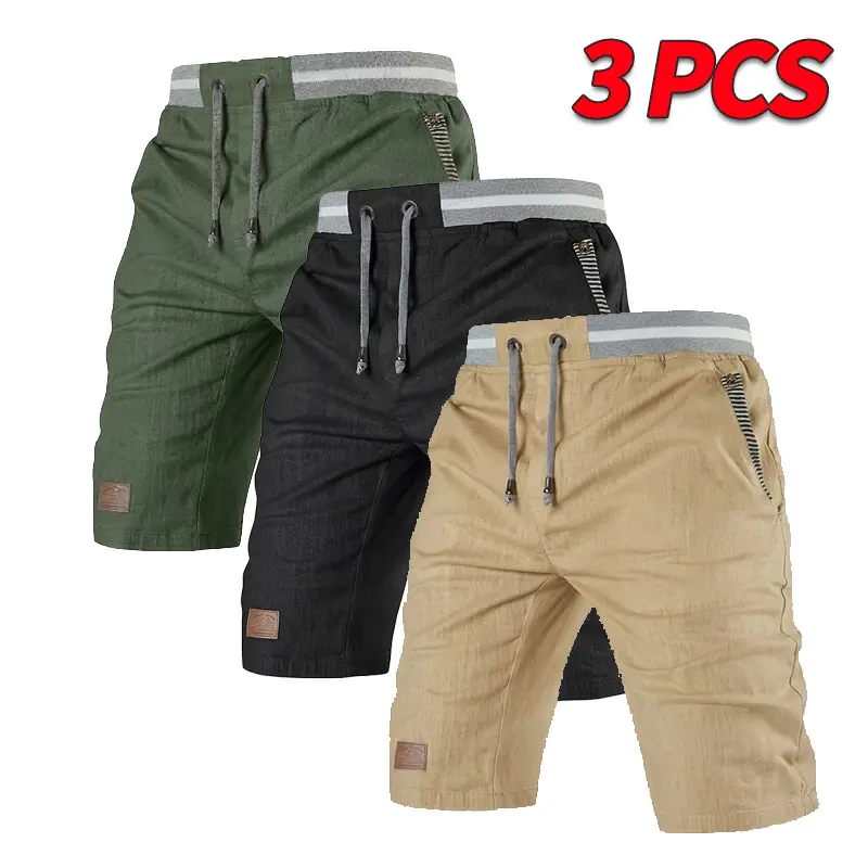 Men’s Classic Relaxed Fit Summer Casual Bermuda Shorts 3-Pack - Soft, Breathable, Wear-Resistant Fabric, Adjustable Elastic Waistband with Drawstring, Striped Pockets, Leather Patch Decoration, Menswear Versatile Basics for Outdoor Commuting, Day Wear, Ga