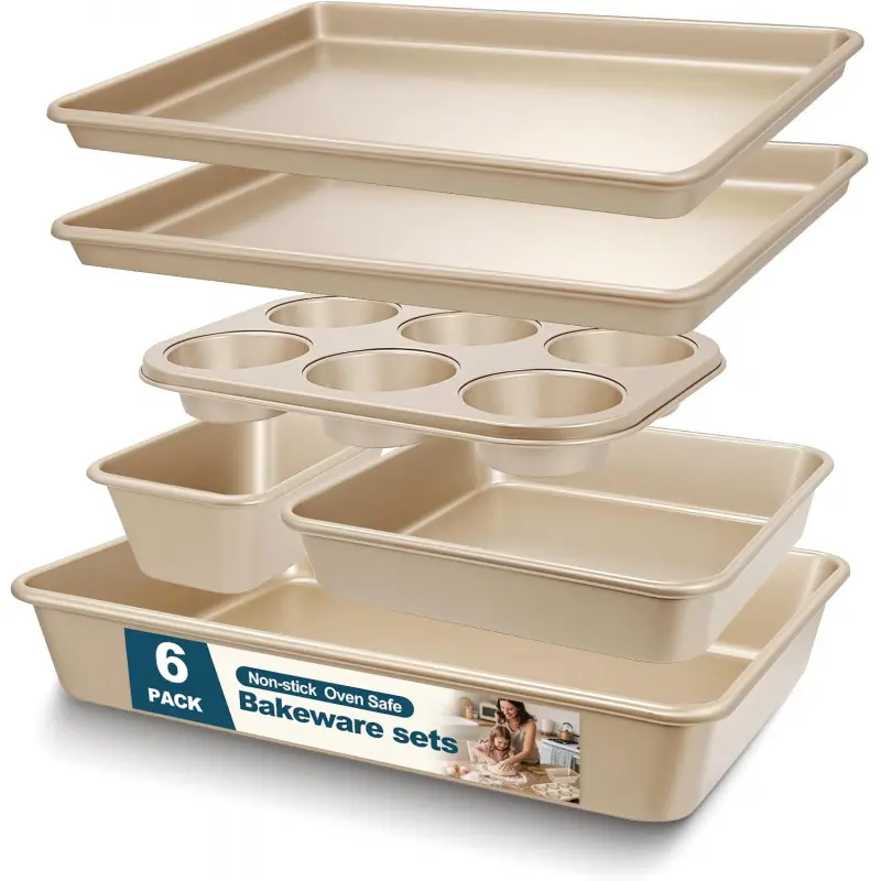 6-Piece Nonstick Stackable Carbon Steel Bakeware Set - Oven-Safe Cake Tray, Dish & Kitchen Essentials for Family Holiday Use (Cookie Sheet, Deep Roaster, Square, Loaf, Muffin Pans)