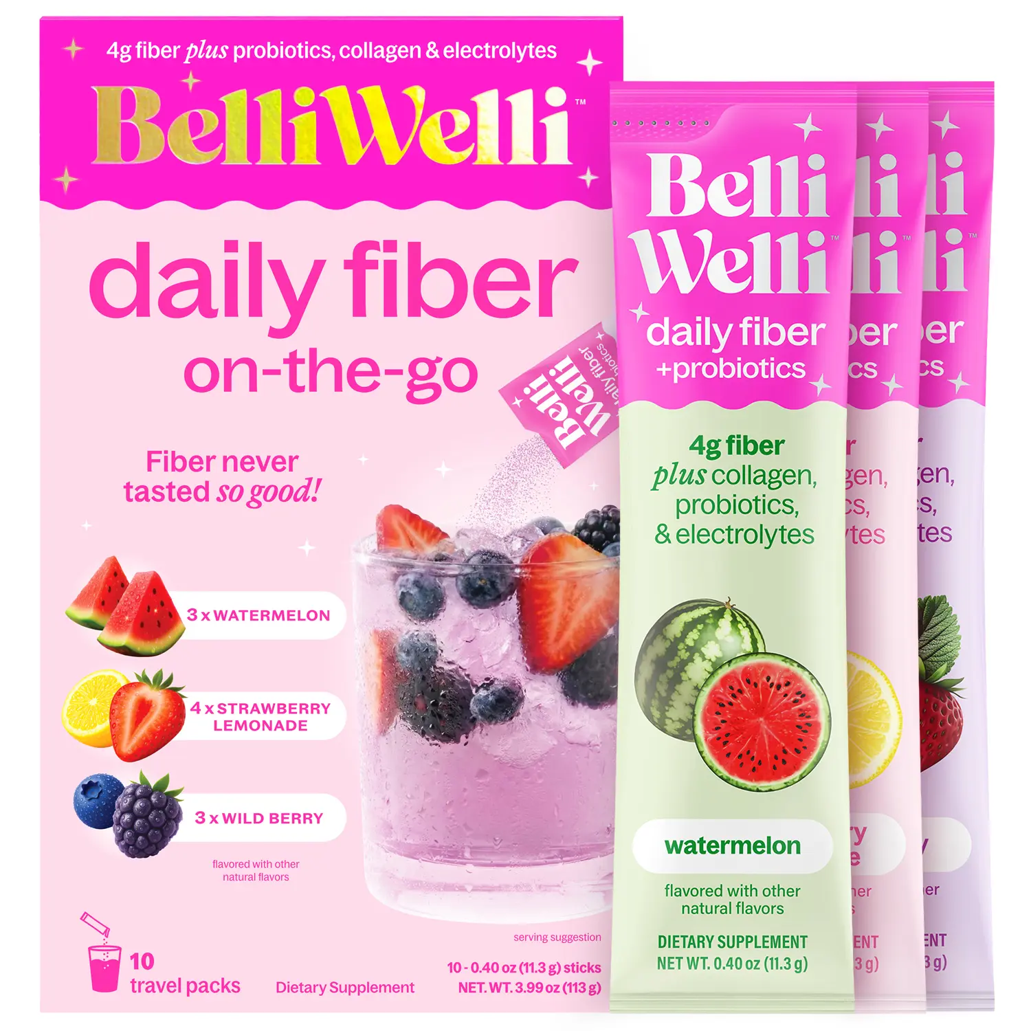 BelliWelli On-The-Go-Packets - 10 count - Variety Pack Dietary Fiber Collagen Health