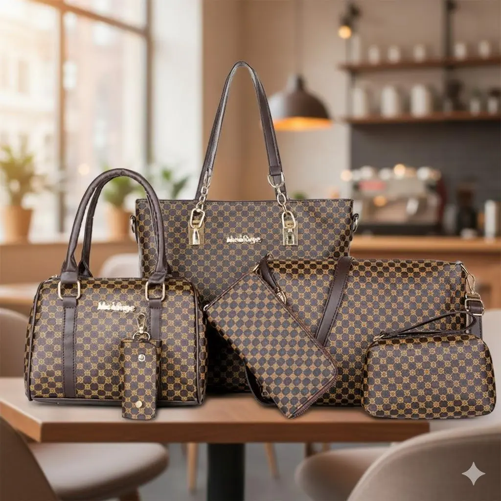 6-Pack Printed Tote Bags, Commuter Bag, Shoulder Bags with Layered Organizer Compartments, Adjustable Strap for Shoulder or Crossbody, Durable Fabric for Daily Commute, College Style, Weekend Markets, Short Trips & Student Use