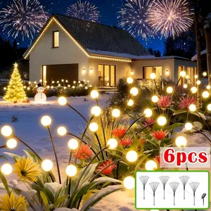 Solar-Powered Firefly Ground Stake Lights 1-to-6 and 1-to-10 configurations 8 warm white LED ball lights swaying in the breeze Outdoor waterproof design Perfect for gardens, lawns, camping, and wedding ambiance lighting