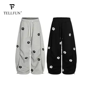 TELLFUN Men's Floral Embroidery Harem Pants, 2026 Spring Menswear, Elegant Elastic Waist Drawstring, Loose-Fitting Baggy Wide Leg Cotton Joggers, All Seasons Casual Y2K Streetwear Vintage Bottoms