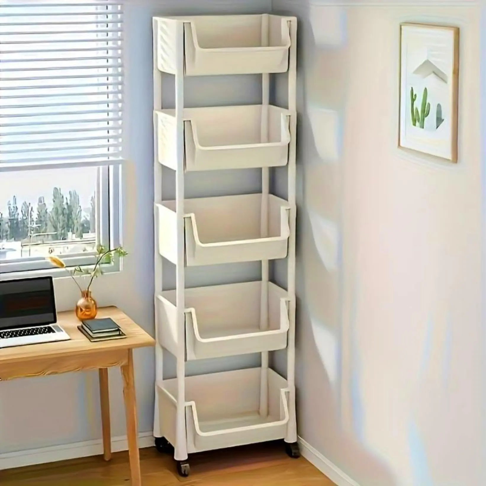 Beige Multifunctional Large-Capacity Plastic Storage Cart with Transport Wheels - Layered Shelf Racks, Countertop Kitchen Organizer, Accessory Storage Rack, Shelves for Bedroom, Home Goods Organizer for Bedroom Items