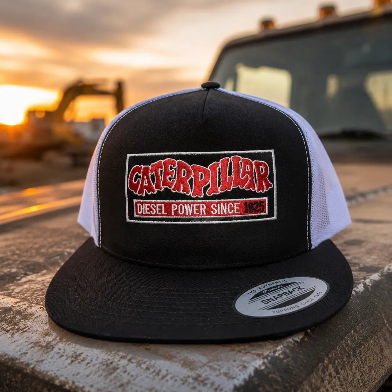 [BEST SELLER 2026] Caterpillar Diesel Power Trucker Hat, Black White Snapback Cap, Heavy Equipment Work Hat, Construction Mechanic Gift for Men
