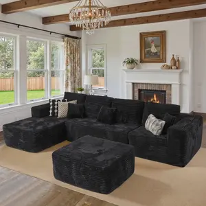 133" Cloud Sectional Couch with Comfy Chaise and Ottoman,Plush Corduroy Boneless Couches for Living Room,U Shaped Sofa in A Box No Assembly Require furniture pillow Lazy Sofa