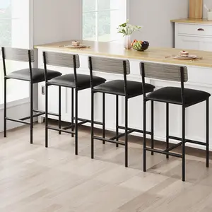 Bar Stools Set of 4 - Kitchen Bar Stools with Footrest - PU Upholstered Counter Height Barstools - Bar Chairs with Back for Kitchen Island/Apartment/Counter Bar - Easy Assembly - Gray