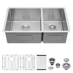 Logmey 33"x19" 60/40 Double Bowl Kitchen Sink, 33" Undermount Double Bowl Kitchen Sink, 16 Gauge T-304 Stainless Steel Under Mount Kitchen Sink, 33"x19"x9"