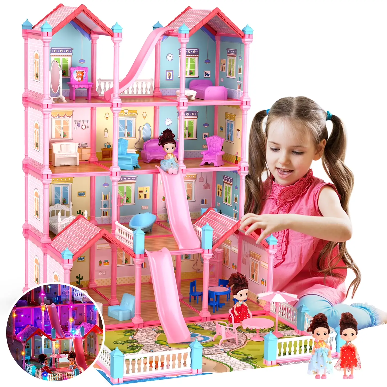 Pink Unisex Fairy Tale Doll House Playset - 14 Rooms, Furniture, Colorful Lights, 2 Doll Toy Figures, Plastic Safe Miniature Houses, Decorating Kit, Assemble Required, 26×19×28 in Creative Gift for Girls Ages 3+#backtoschool #sohochic