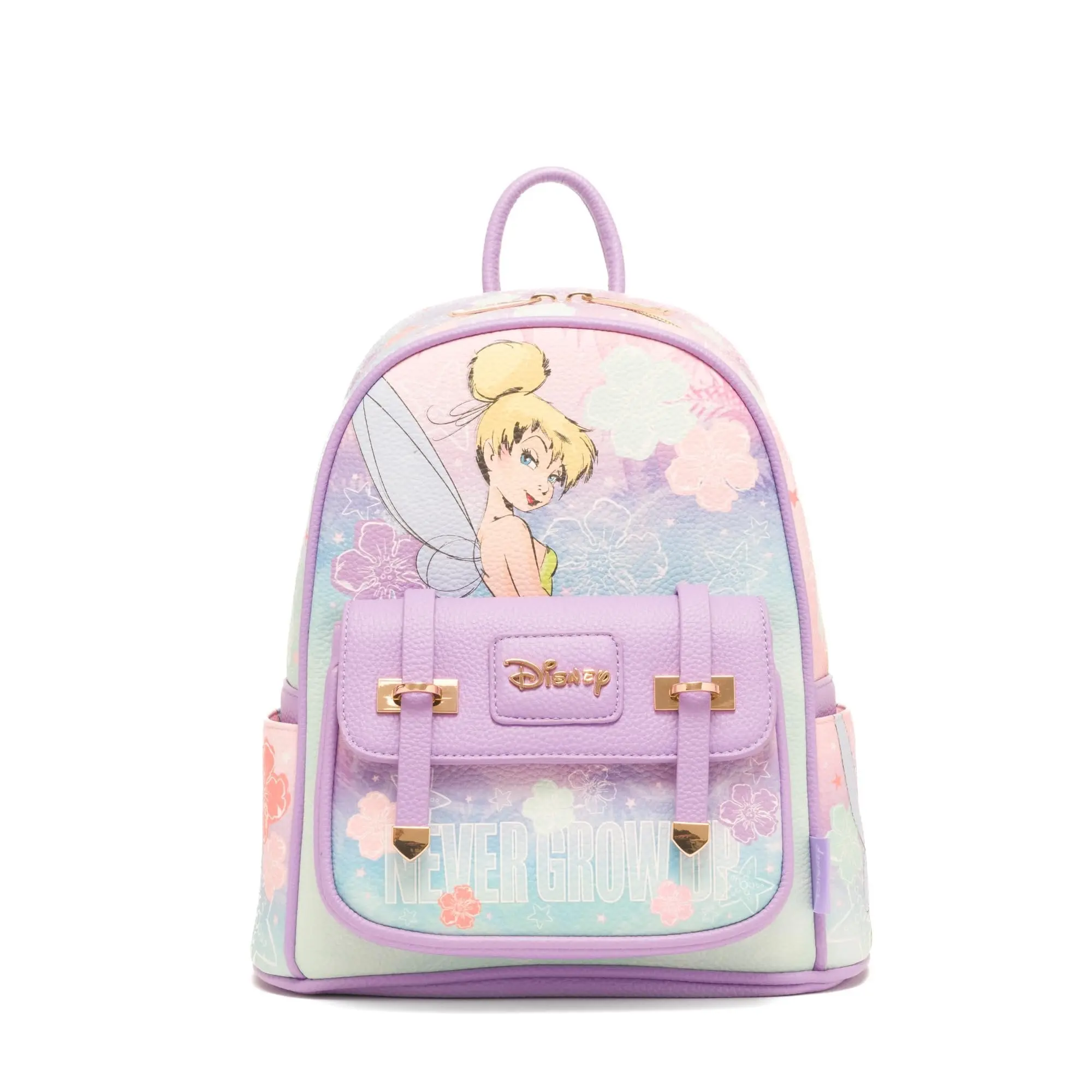 WondaPop Disney Tinker Bell Never Grow Up Premium Vegan Leather Vintage Mini Backpack - Soft Pebbled, Shiny Gold Hardware, Magnetic Closure, Adjustable Straps, Unisex Casual Wear Collectible Functional Daypack, Style And Functionality, Collectibles