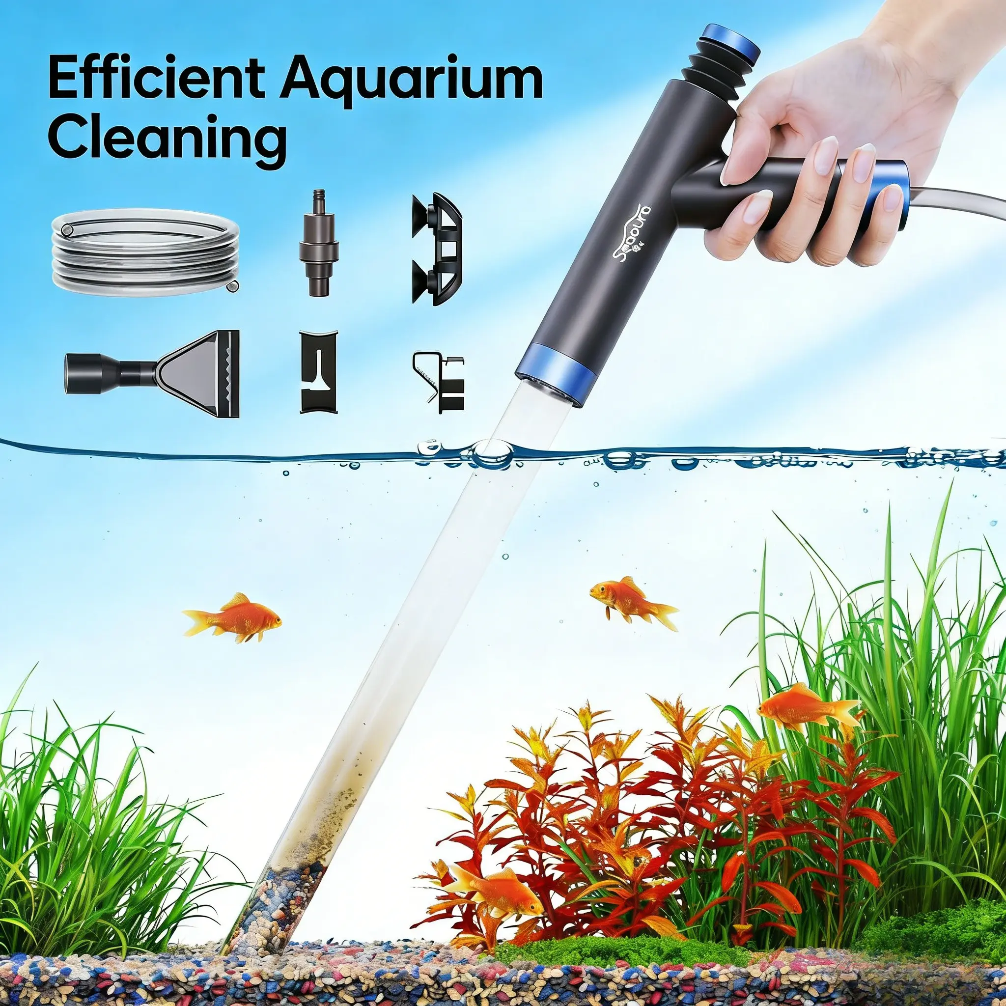 SEAOURA Multi-Clean Aquarium Gravel Cleaner Kit - 3-in-1 Python-Style Siphon Pump, Adjustable Brackets, Air Push Button, Flow Clamp Control, Freshwater Fish Tank Gravel + Sand Care, Fish Waste Removal, Mess-Free Manual Water Changer for Beginners, Gravel
