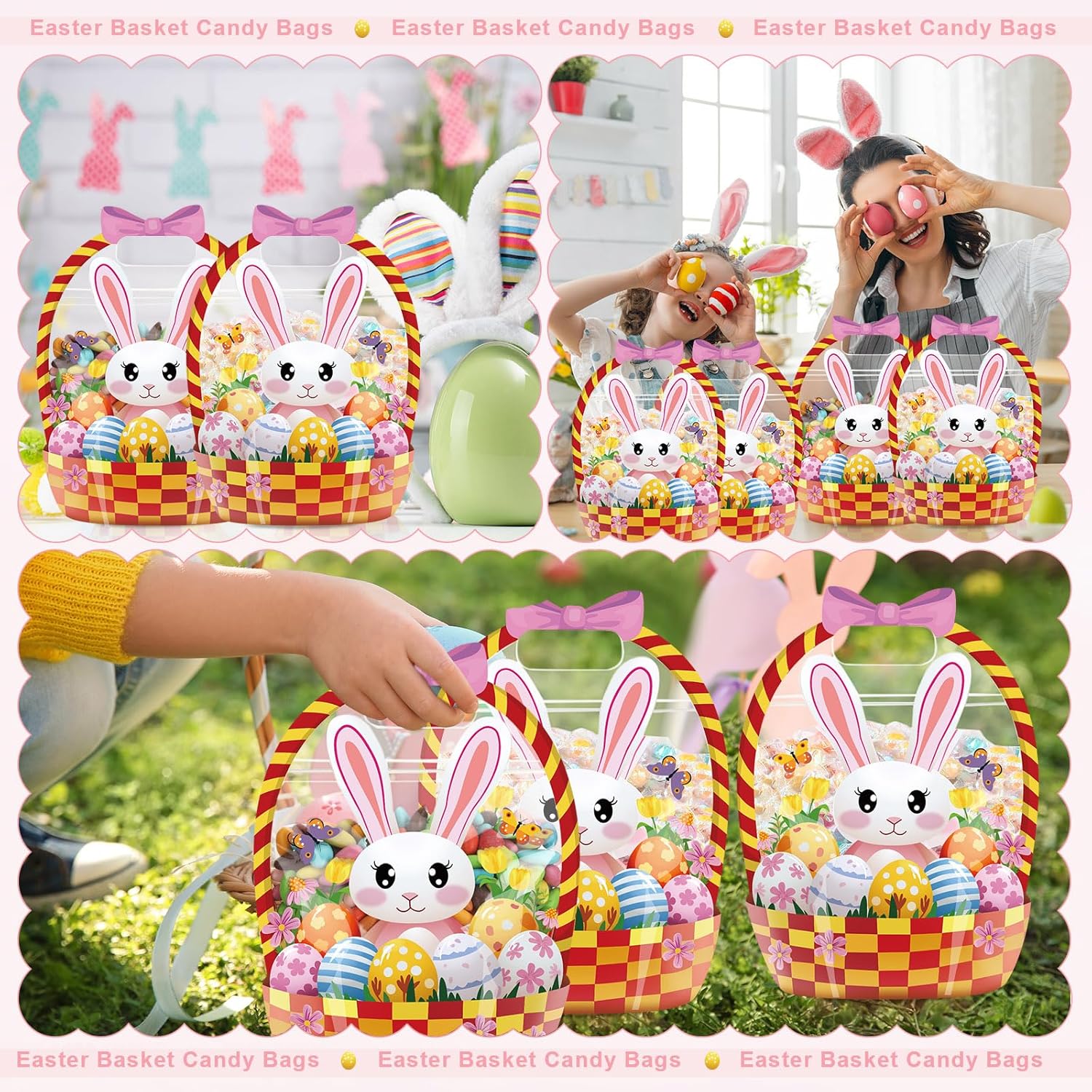 25/50 Pcs Easter Goodie Bags Plastic Candy Gift Bags with Handle Bunny Chick Pattern Transparent Treat Bags for Teacher Students Office Employee Coworker,Easter Egg Hunting Supplied,Appreciation Gift for Birthday Wedding Valentine's Day Celebration Gift