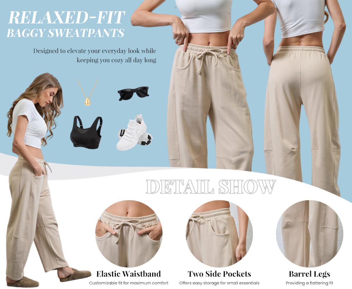 Tanming Women's Barrel Leg Pants Basic or Fleece Lined Elasticated Waist and Soft Wide Leg Pants with Pockets Casual All-Season Sweatpants