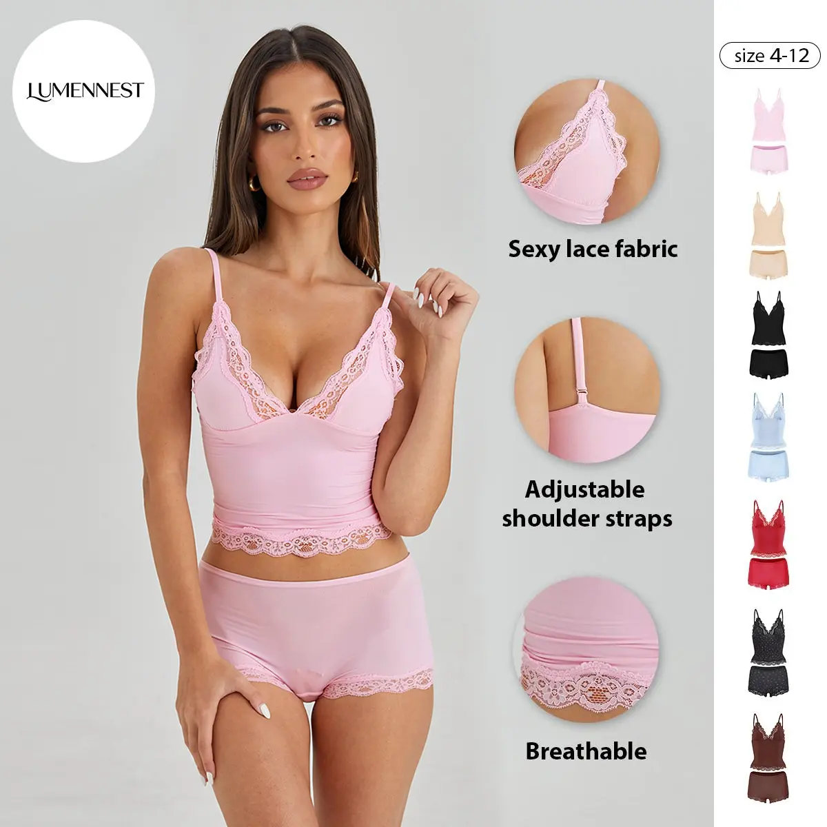 LUMENNEST Lounge Women's Minimalist Lace Series Spaghetti Strap Lace Trim Wirefree Breathable V-Neck Camisole & Panties Set, Basic Underwear Set