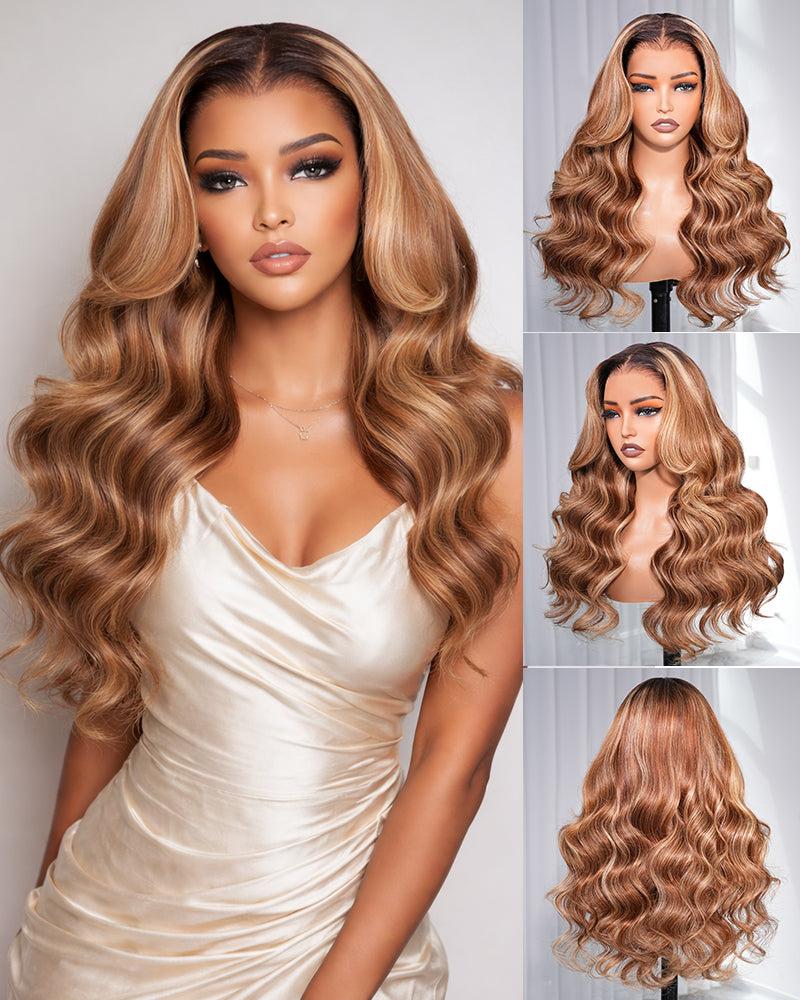 Arabella 2P4/27 4# Brown Mixed 27# Honey Blonde with 2# Dark Brown Roots 13x6 Glueless Lace Front Drawstring Wig Loose Body Wave Wig 100% Human Hair SpringStatements