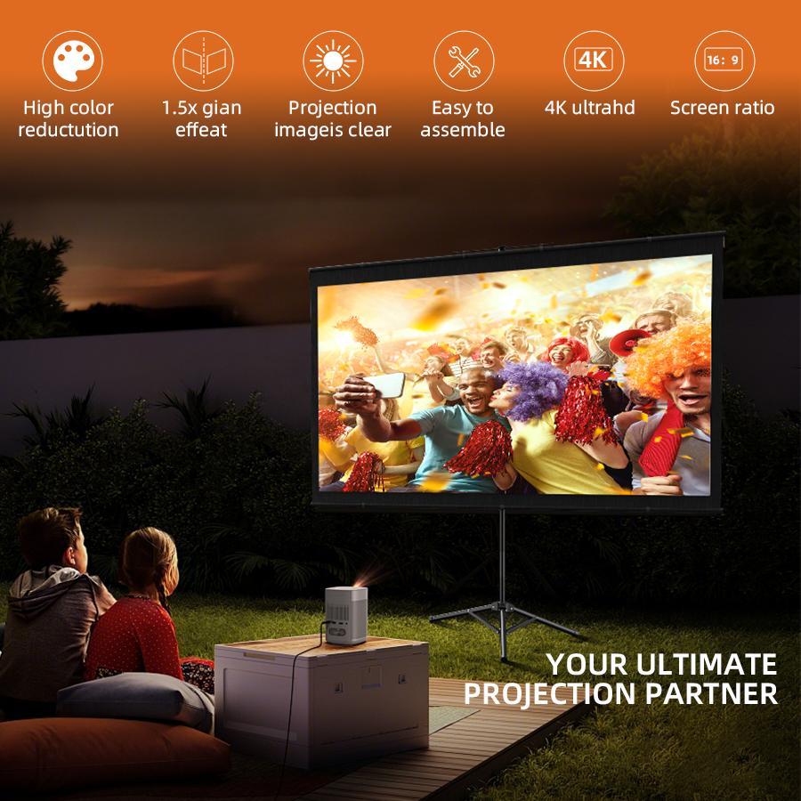 Portable projection screen with stand for outdoor use: 100-inch 4K movie screen suitable for home backyards and indoors, 16:9 HD night view.
