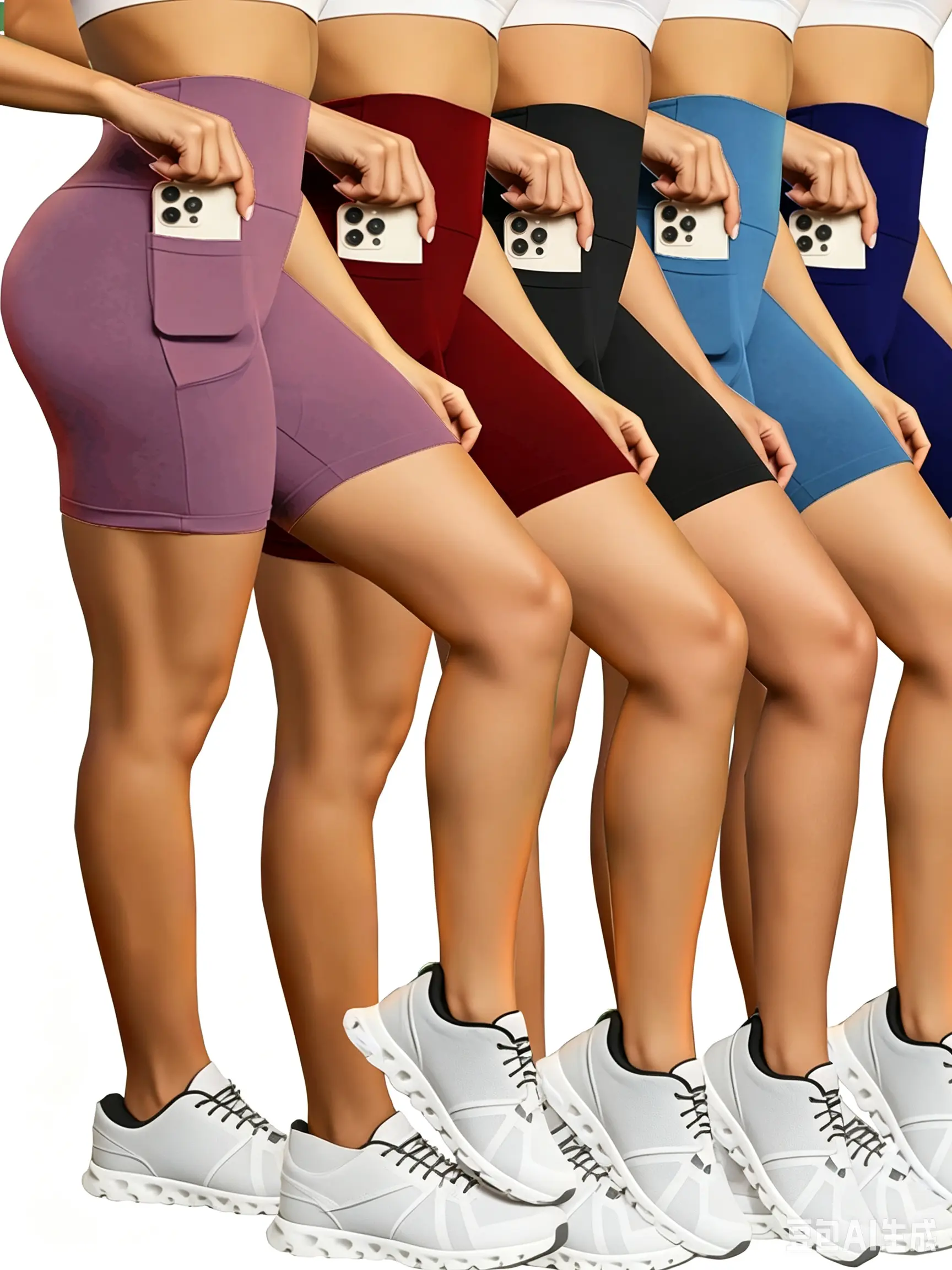 Female 5-Pack High-Waisted Compression Bermuda Yoga Shorts, Quick-Dry Bare Feel, Pockets, Athleisure Gym Shorts, Breathable Workout Clothes Products for Running, Fitness, Breathable Workout Shorts