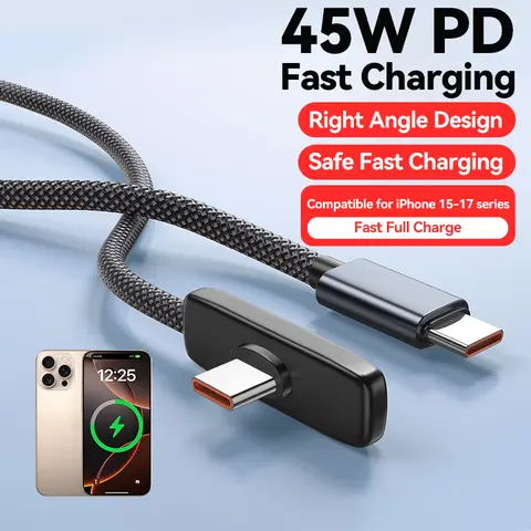 45W PD Wired USB-C to USB-C Super Fast Charging Cable - 90-Degree Elbow Design, Data Transmission, Compatible with iPhone 15-17 Series Electronic Smartphone Charger