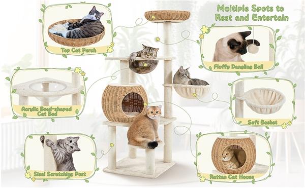 【Mother's Day Gift】Yaheetech 54in Rattan Cat Tree Tower with Luxury Woven Condo, Clear Bowl, Washable Cushions, and Scratching Posts, Cat Furniture for Indoor Cats 【Mother's Day Gift】Yaheetech 54in Rattan Cat Tree Tower with Luxury Woven Condo, Clear Bowl, Washable Cushions, and Scratching Posts, Cat Furniture for Indoor Cats