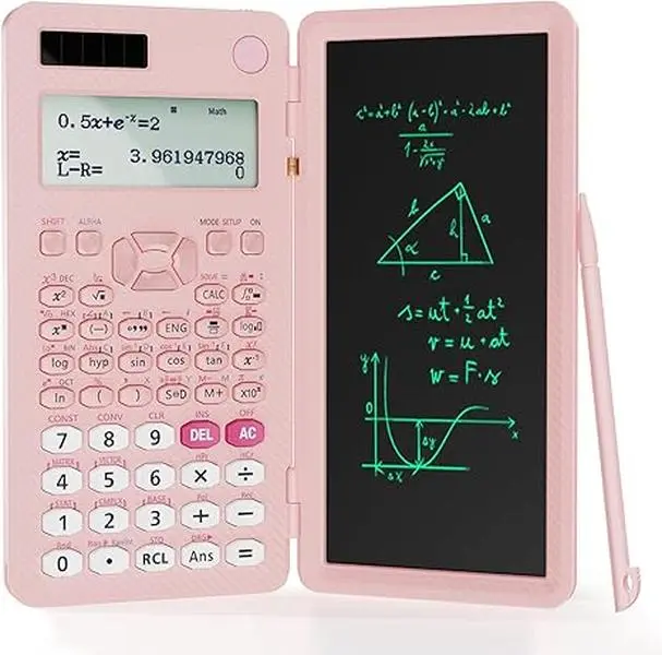 【Back To School】NEWYES Scientific Calculators for Students, 991ES MAX Office Calculators with Notepad Desktop, 4-Line Display Calculator with LCD Writing Tablet, Battery Rechargeable Power Calculator School Supplies （Pink）