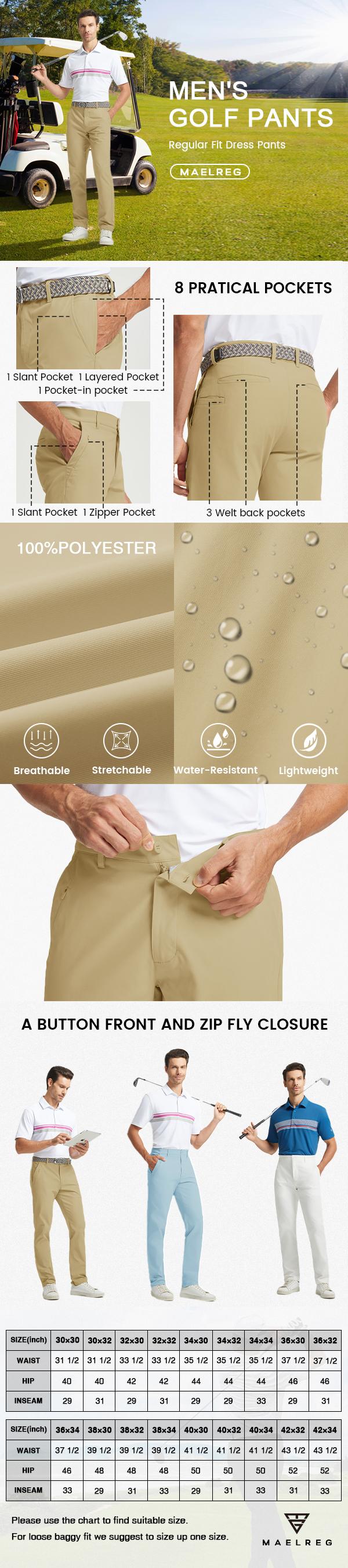 MAELREG Men’s Golf Pants Water Resistant 8 Pocket Lightweight Stretch Business Casual Work Dress Pants 30/32/34 for Fall SpringStatements