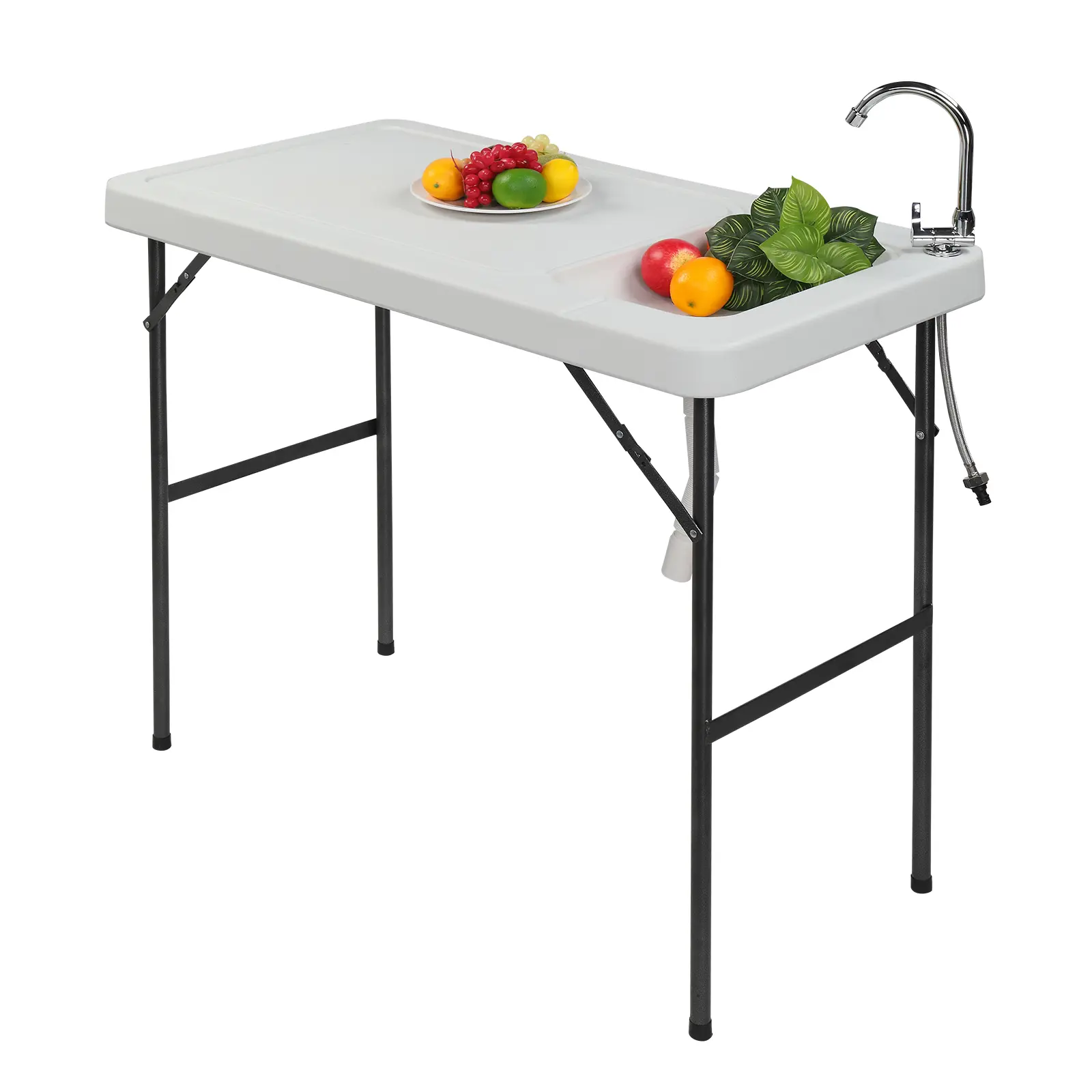 Folding Portable Fish Cleaning Table with Sink and Faucet, HDPE Top with Steel Legs, for Camping, Hunting, Backyard and Outdoor Prep