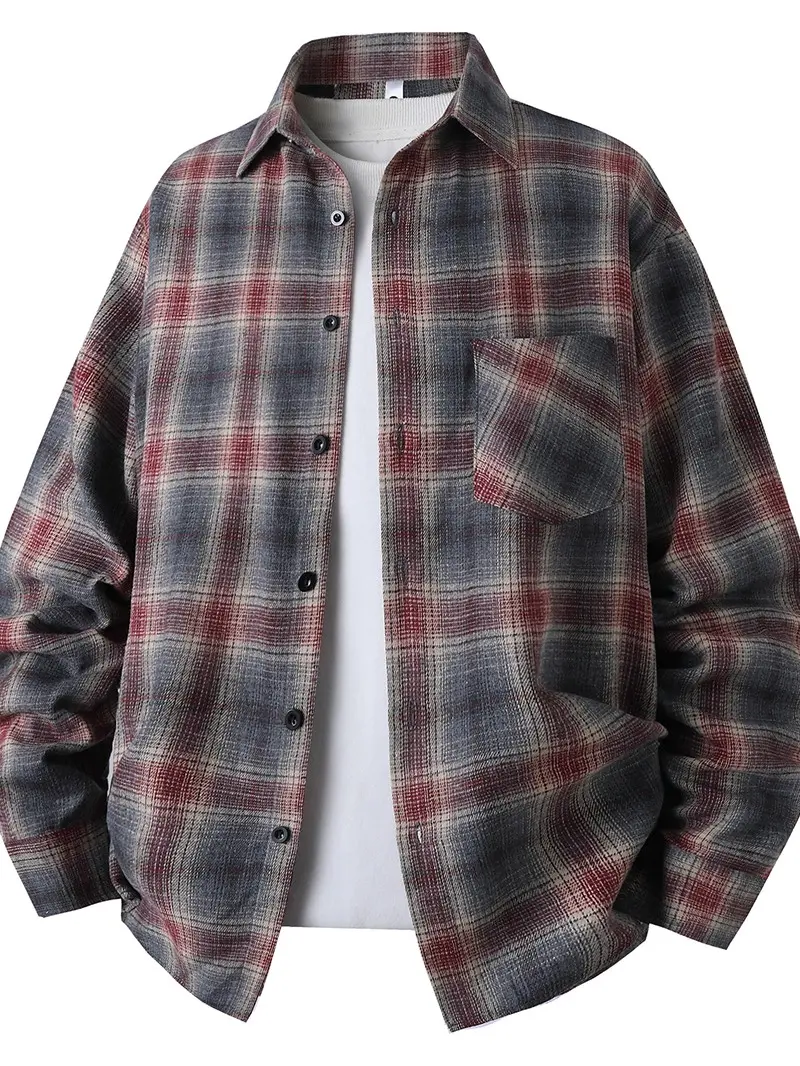 Men's Hong Kong Style Streetwear Grid Pattern Long-Sleeve Casual Loose-Fit Shirt, Menswear Tops & Casual Clothes, Wardrobe Staples for Spring Outfits