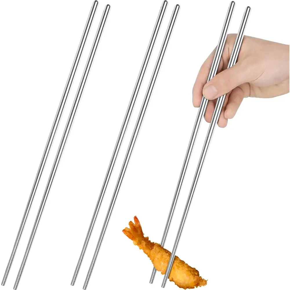 14-In Extra Long Stainless Steel Japanese Hot Pot Chopsticks Set (3 Pairs) - Reusable Kitchen Cutlery Utensils, Grooved Tips, Hollow Core, Non-Fading for Noodle Handling, Special Occasions