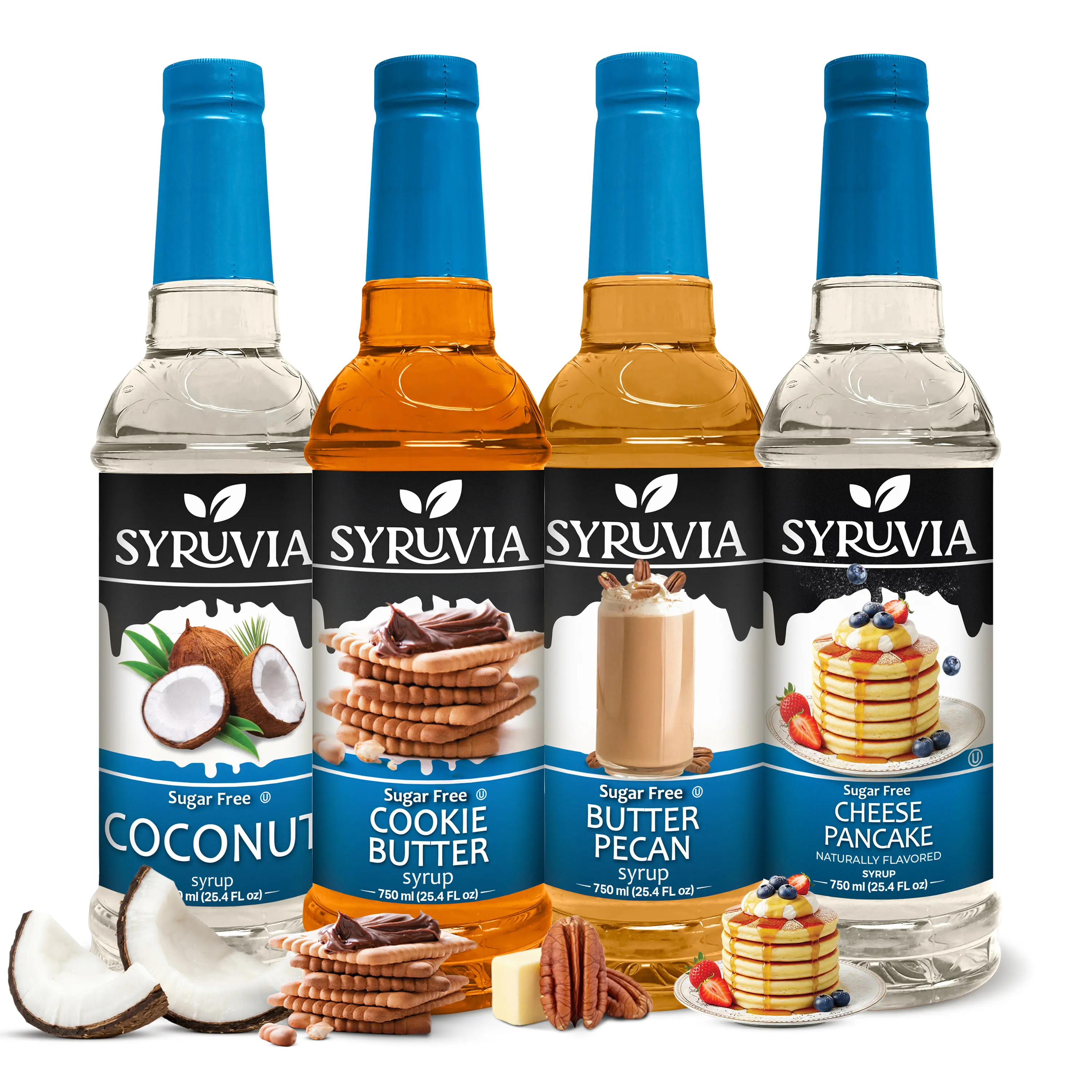 Syruvia Sugar Free Syrup Variety Pack - Coconut, Cookie Butter, Butter Pecan & Cheese Pancake - Gluten-Free, Kosher, 25.4 fl oz Bottles - Perfect for Lattes, Coffee & Desserts (4-Pack)