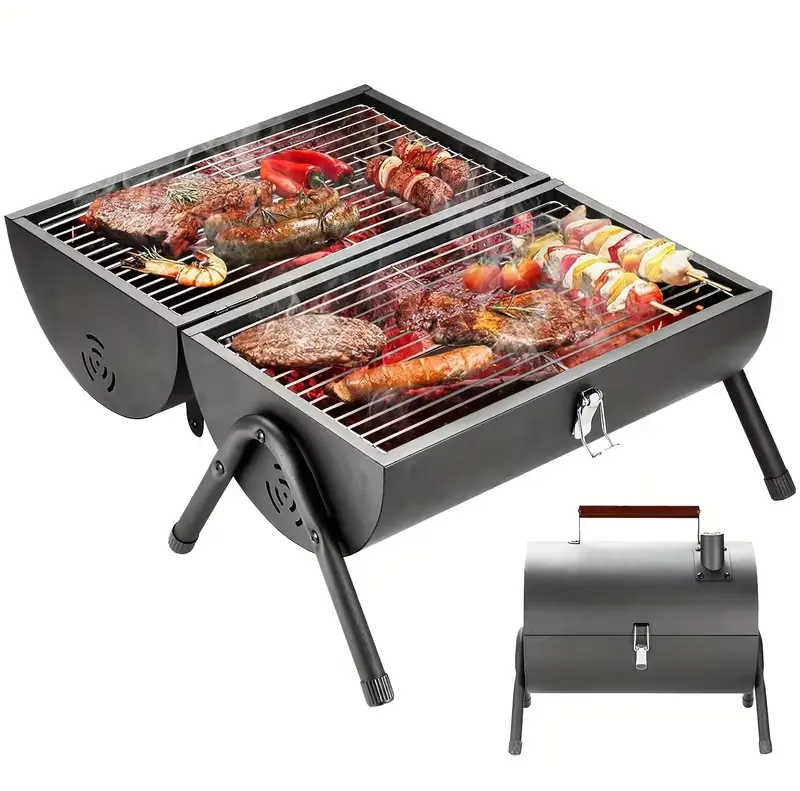 Black Stainless Steel Compact Portable Charcoal Grill - Double Folding, Wooden Handles, 2-Piece Grills Portable Barbecues, Campfire/BBQ Party Accessory, Outdoor Smoker for Outdoor Cooking, Cook Shrimp & Veg, Smoke Veggies Too, Grill Shrimp