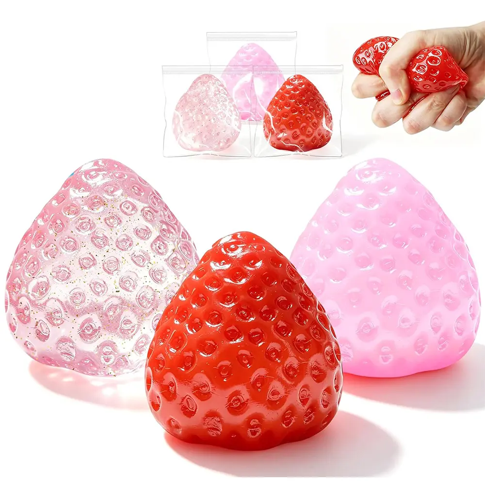 3Pcs Big Taba Squeeze Strawberry - Extra  Squishy Stress Ball for Adults & Kids 3+ - Kawaii Sticky Stress Toy, Clear Fidget Toys, Valentines Gift for Kids, Teen Boys Girls Birthday Gift Ideas