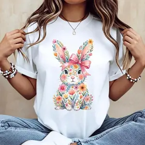 Unisex Watercolor Floral Bunny T-Shirt Cute Easter Rabbit With Bow Design Soft Cotton Short Sleeve Crew Neck Top Spring Wildflower Streetwear Tee