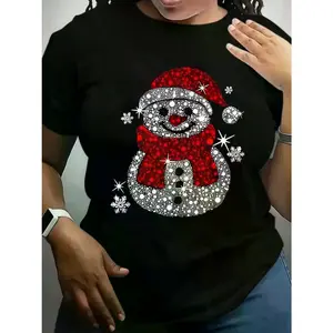Men's & Women's Black Sparkling Snowman Rhinestone Christmas T-Shirt – Short Sleeve Unisex Tee with Snowflake Design – Casual Holiday Party Shirt, Machine Washable, Winter Celebration Gift