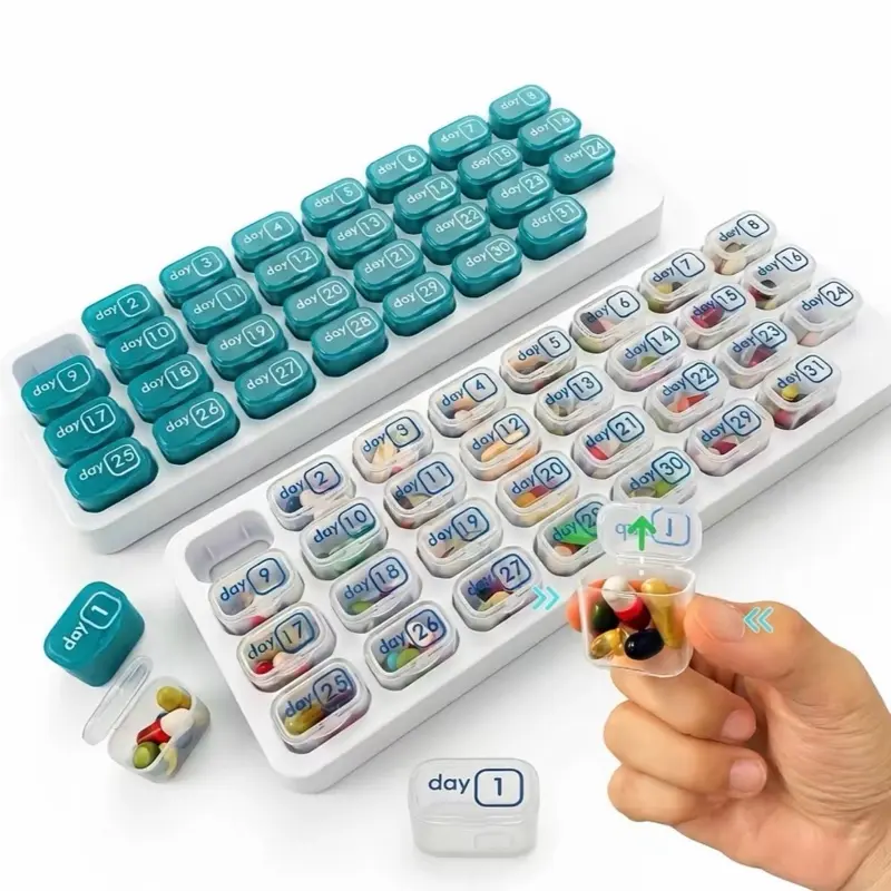 2 pics Monthly Pill Organizer with Lid - Arthritis-Friendly Easy-Open Lids 31 Removable Daily Pill Pods Date Reminder & Travel Case for Vitamins & Medications (AM PM)